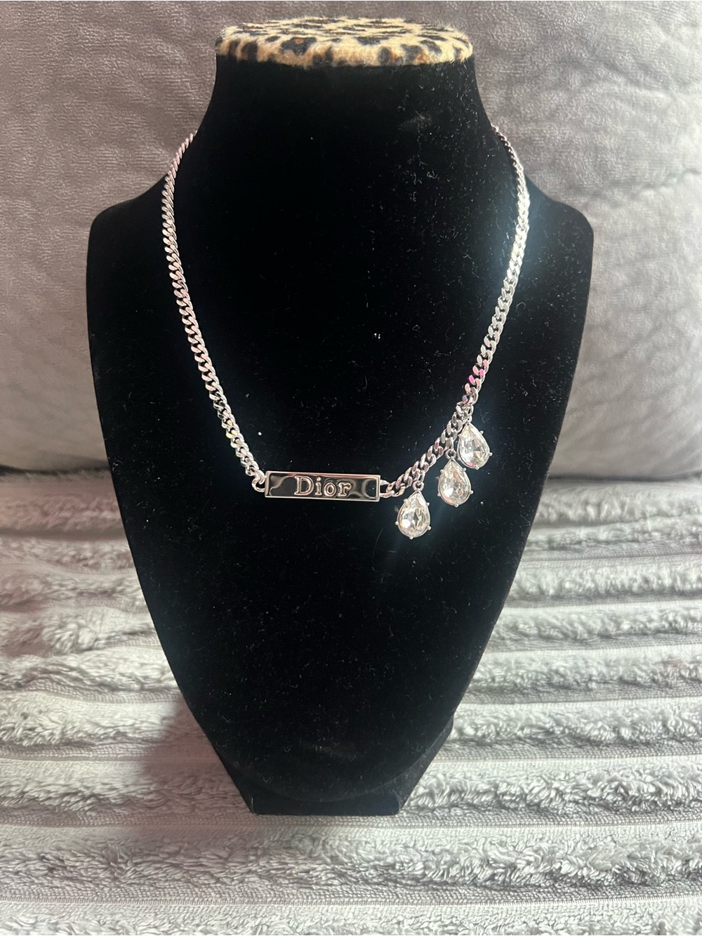 Dior Silver Necklace with Clear Crystal Teardrops